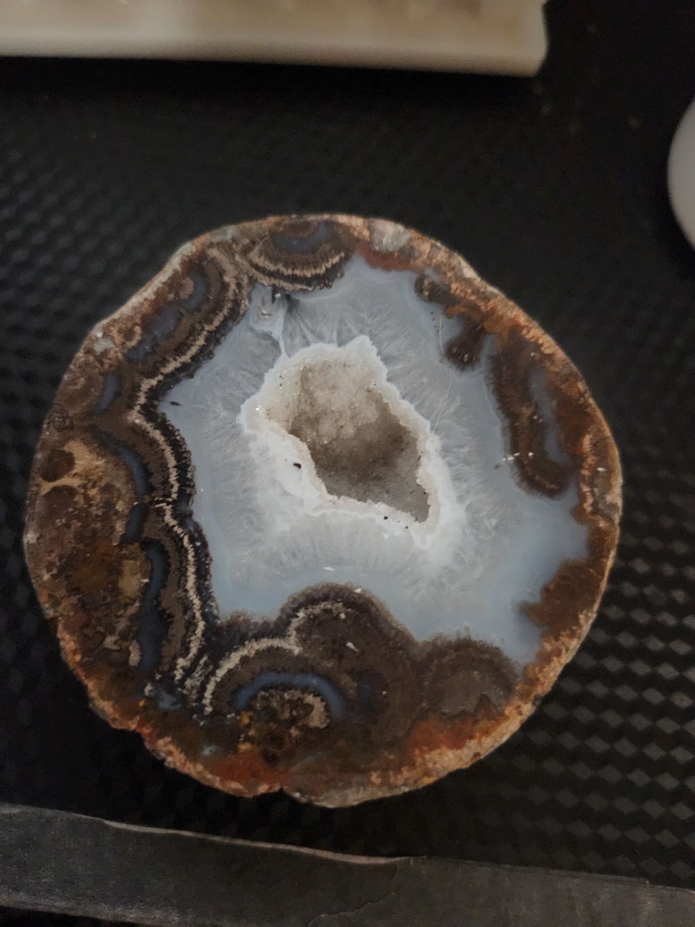 Polished Chalcedony Agate Geode Half with Druzy Crystal Center